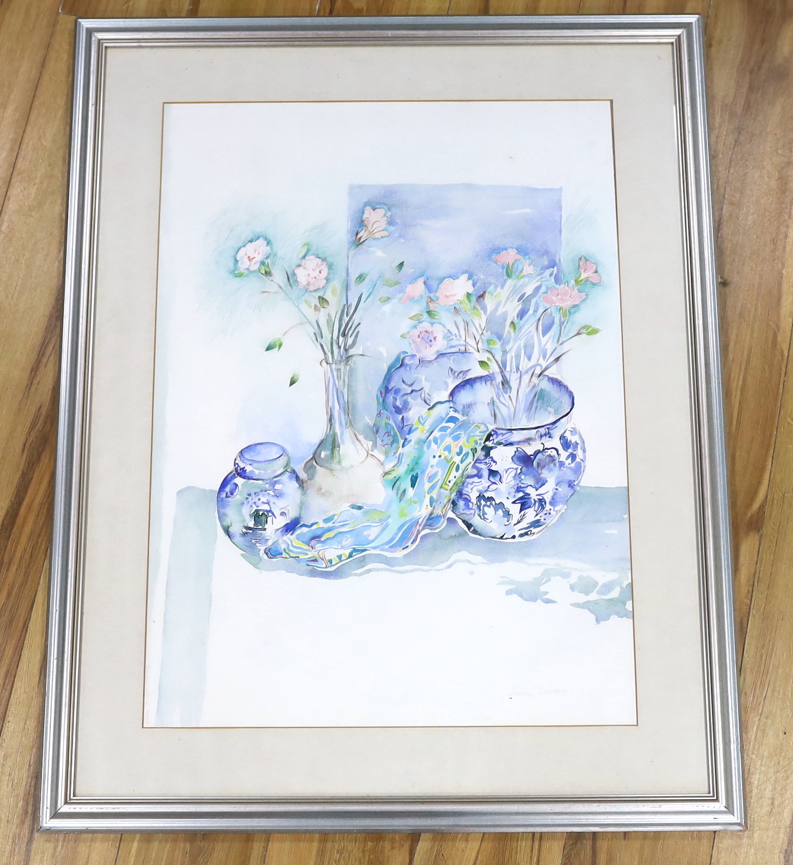 Jean Crosan, watercolour and crayon, Still life of vessels and flowers, signed, 75 x 54cm